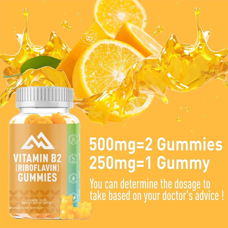 Vitamin B2 gummies riboflavin 500mg adult orange flavor, non GMO, vegetarian, pectin -60 capsules