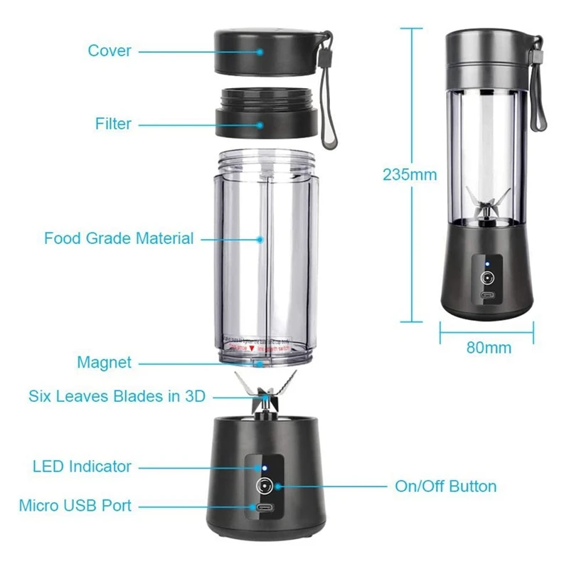 Liquidificador Portátil para Smoothie, Mini Liquidificador para Shakes e Smoothies,USB Recarregável, Viagem Doméstica, Copo Juicer de Frutas