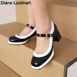 Women Mixed Colors Mary Jane Shoes Lolita High Heels Wedding Pumps Female Thick Heels Shoes Bridal Princess Footwear Plus Size