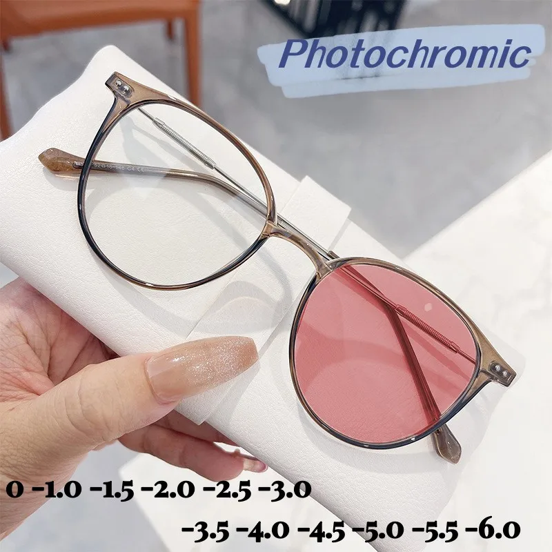 

Anti Blue Light Changing Color Myopia Glasses Classical Photochromic Sunglasses with Diopter 0 To -6.0 Finished Optical Eyewear