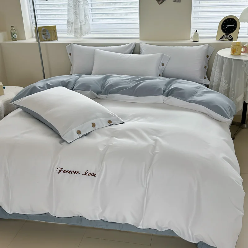 3PC 100% Cotton High Quality Two tone solid color Duvet Cover Set  1PC Duvet Cover 2PC Pillowcase Soft Skin Friendly Bedding