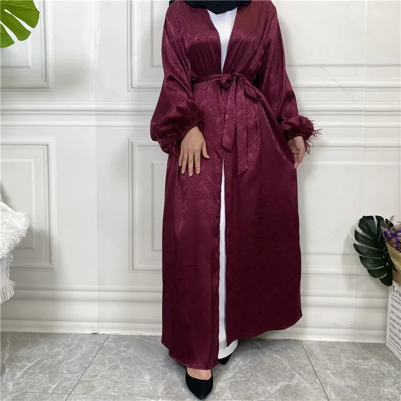 Satin musulman Abaya femmes Robe imprimer plume maroc fête longue Robe Islam turquie dubaï Eid Ramadan Robe Kimono Cardigan Kebaya
