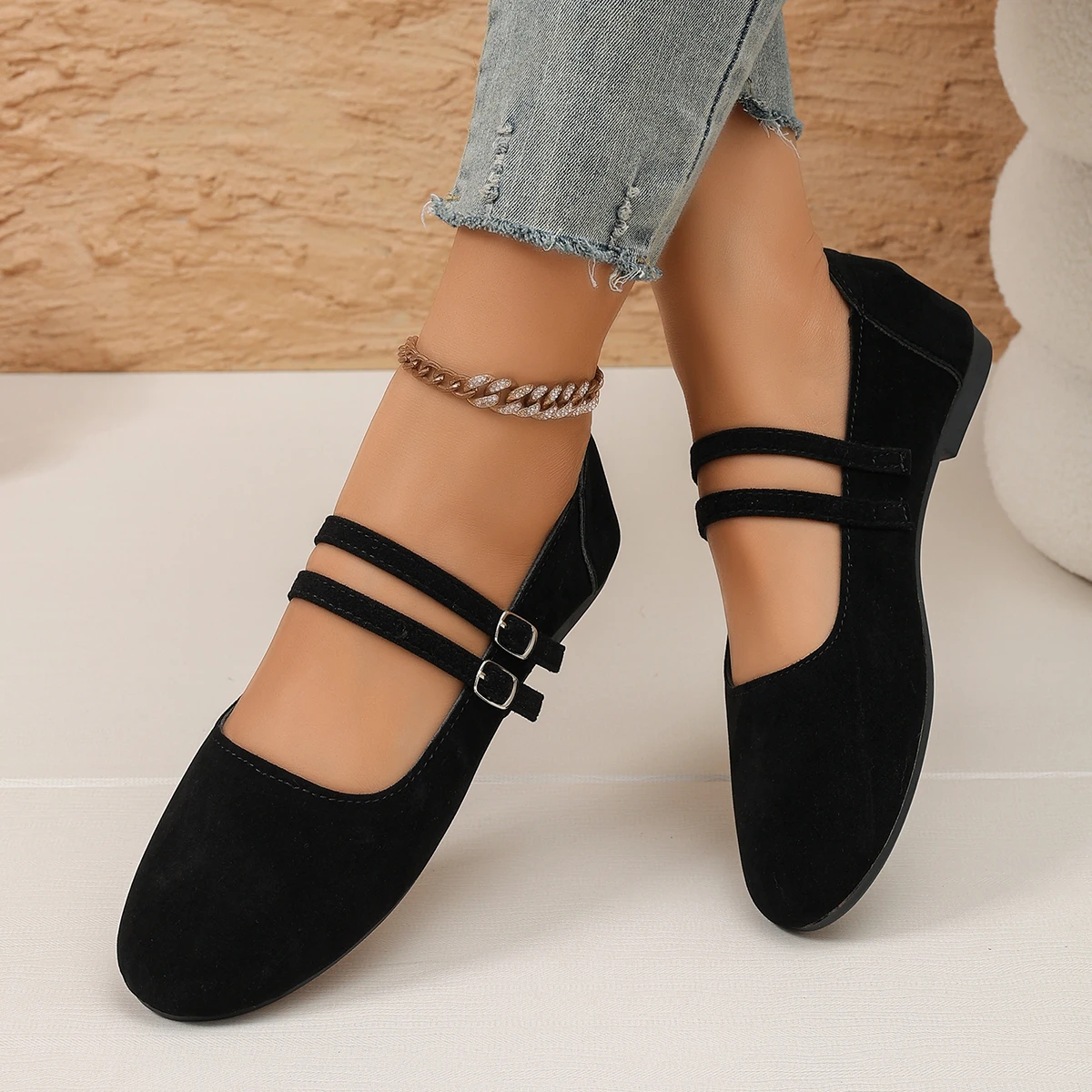 Damen Mary Jane Ballerinas mit doppeltem Riemen, runder Zehenpartie und weicher Sohle, Freizeitschuhe – Detail 10