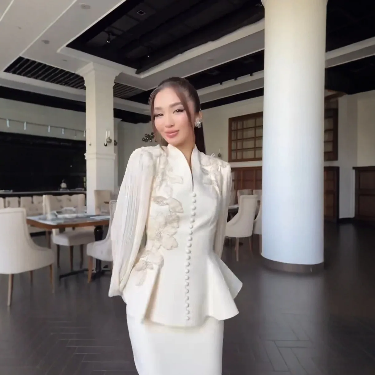 

Ele Floral Texture Suit Set Autumn 2025 Cross-Border Design Cotton Polyester Knitted A-Line Midi Skirt Long Sve