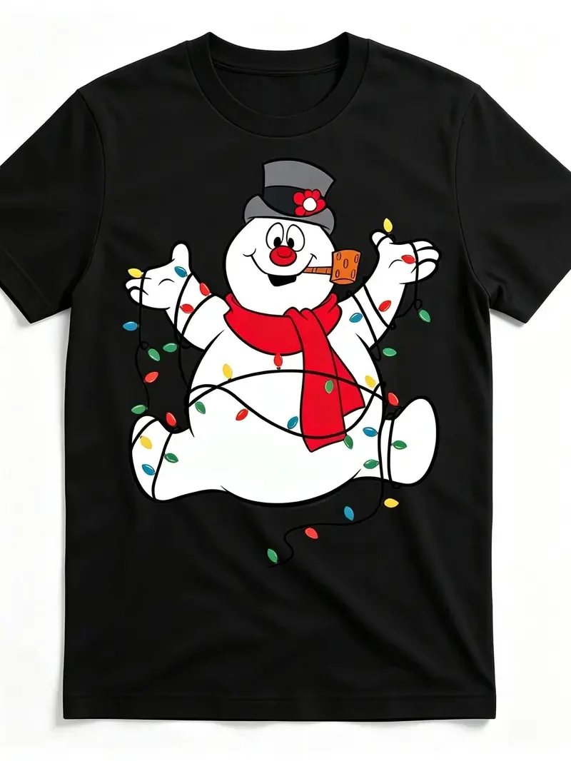 Frosty the Snowman Festive Illustration Black T-Shirt - Cheerful Christmas Design with Colorful Lights, Casual Crew Neck Tee for Holiday Celebrations
