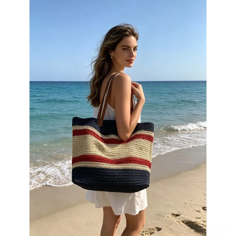 

1/2pcs Color Contrast Striped Woven Straw Bag Vacation Style Large Capacity Tote Bag Women Shoulder Bag