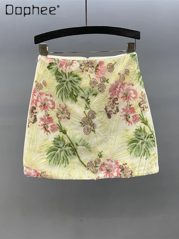 

Trendy High End Color Flower Sequined Skirt Women Summer New Fashion High Waist Slim Al-ine Skirts Korea Ins Retro Mini Skirt