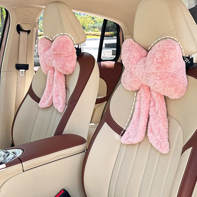 1pc Fashion Practical Bow Car Headrest Pillow Winter Warm Neck Support Cushion Universal Adjustable Car Seat Pillow For Women In