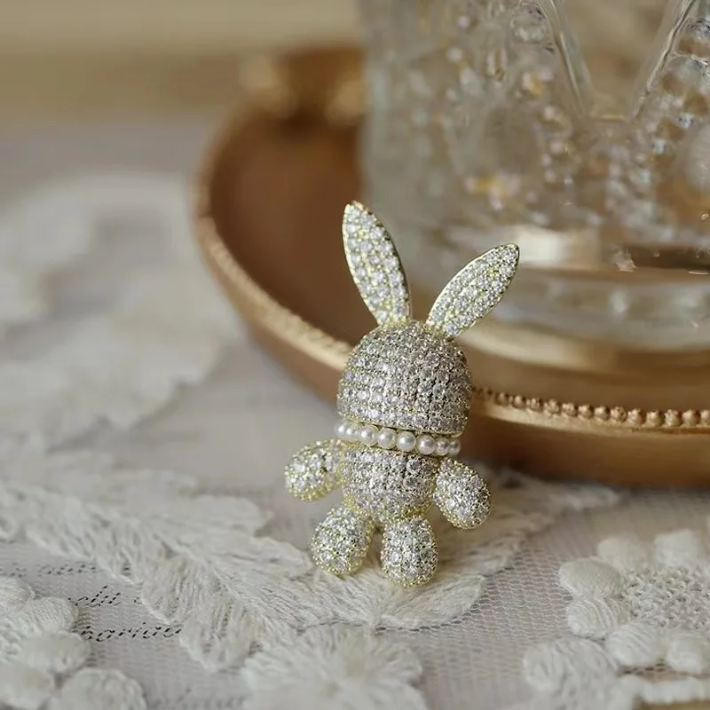 Luxury Full of Rhinestone Rabbit Brooches For Women Men Gold Color Cute Pearl Animal Lapel Pin Trendy Jewelry Wholesale