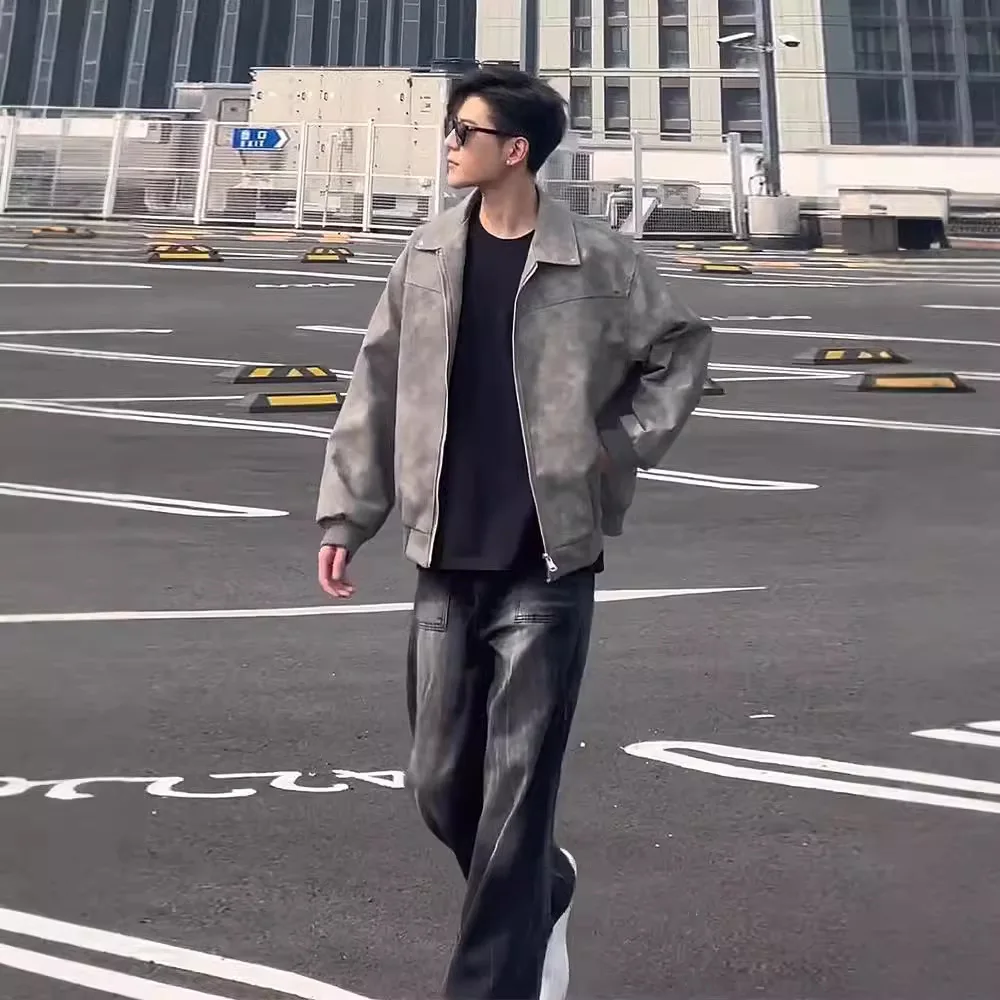 

Short Leather Jacket American Handsome Men's Retro Lapel Leather