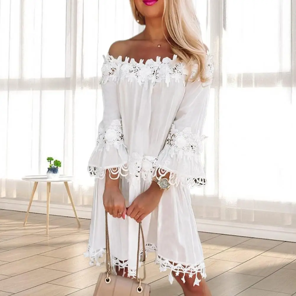 Hollow Out Flower Applique Star Summer Dress 2023 Lace Off Shoulder Trumpet Sleeve Solid Color Women Midi Dress