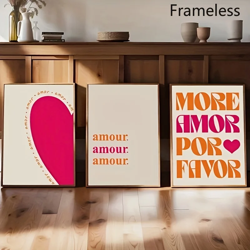 （NO Frame 3PCS）-2D Flat, 2D Flat, Mural, 3pcs Frameless Romance Canvas Art Set with Easy 'More Amor Por Favor' Print Wall Dec