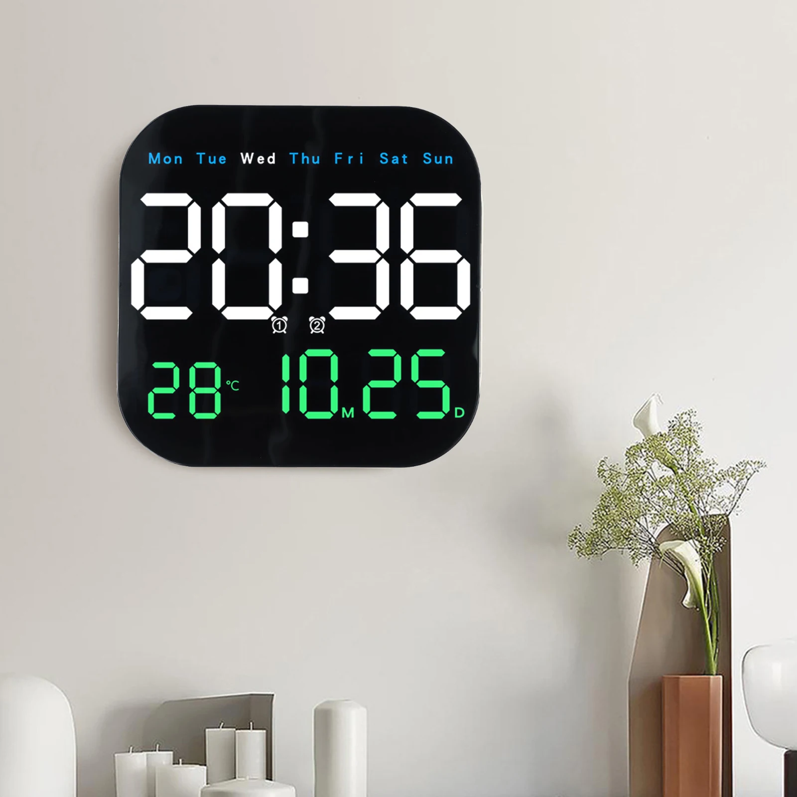 Electronic Clock with Day and Date Display Temperature Display Adjustable Brightness Timing Function Remote Control