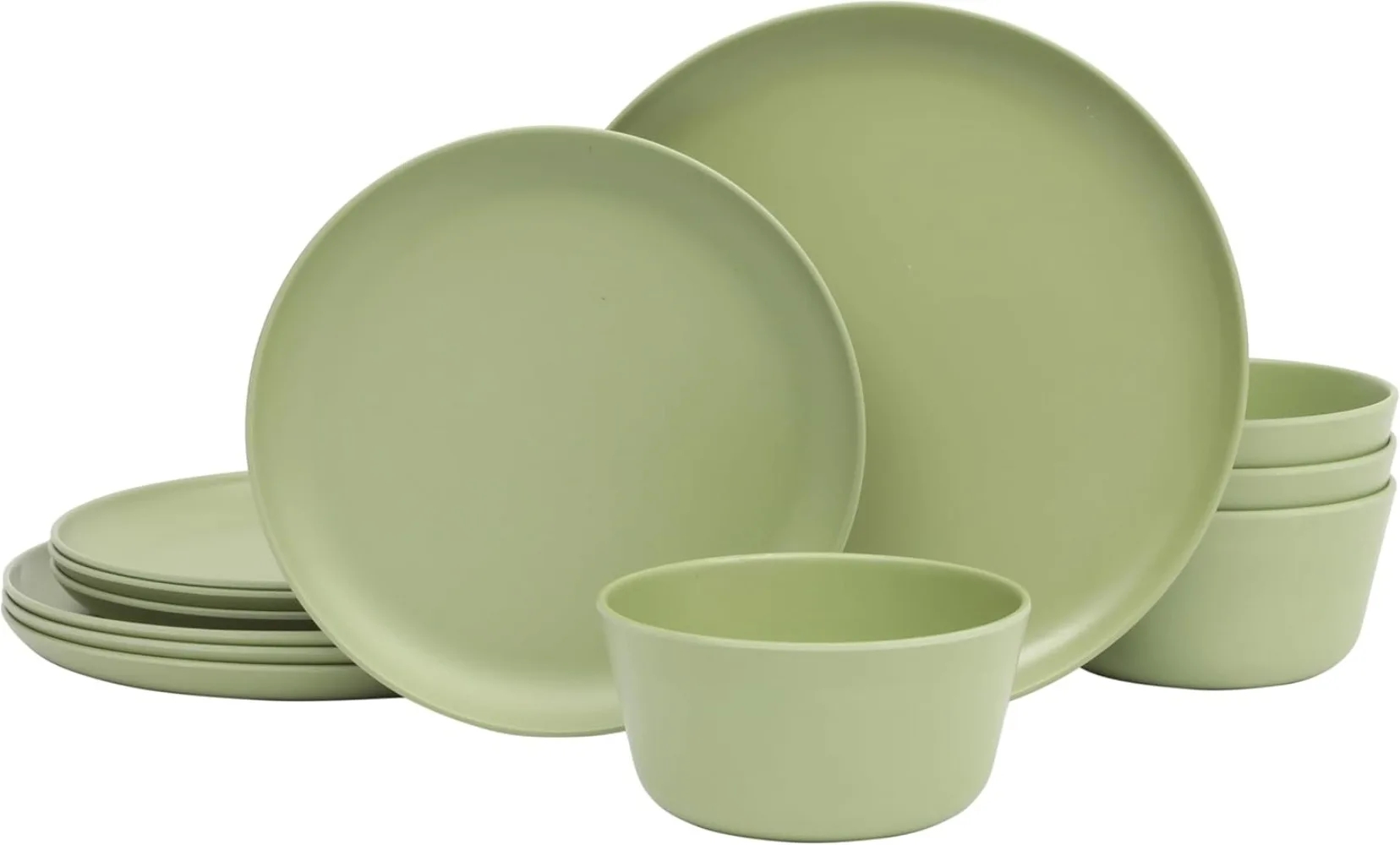 

12-Piece Matte Green Melamine Dinnerware Set – Durable Lightweight Plates and Bowls, Kitchen Dining Set