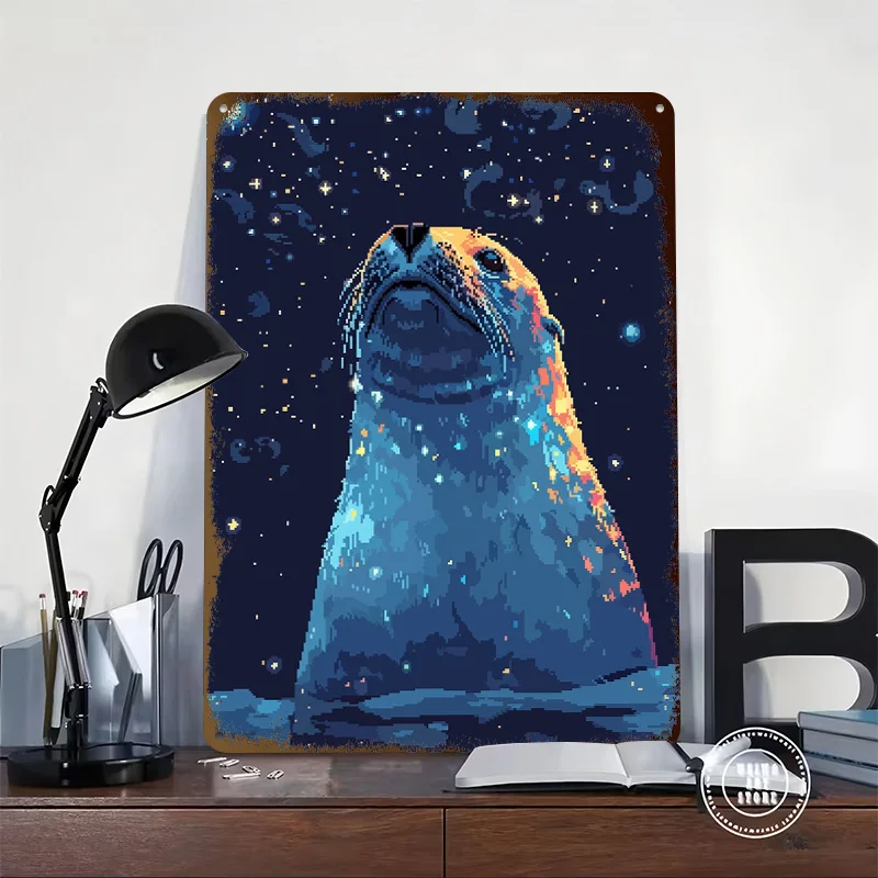 Retro Cute Seal Pixel Art Metal Poster Custom Wall Art Retro Vintage Tinplate Signs for Office Decoration Gaming Bar Accessories