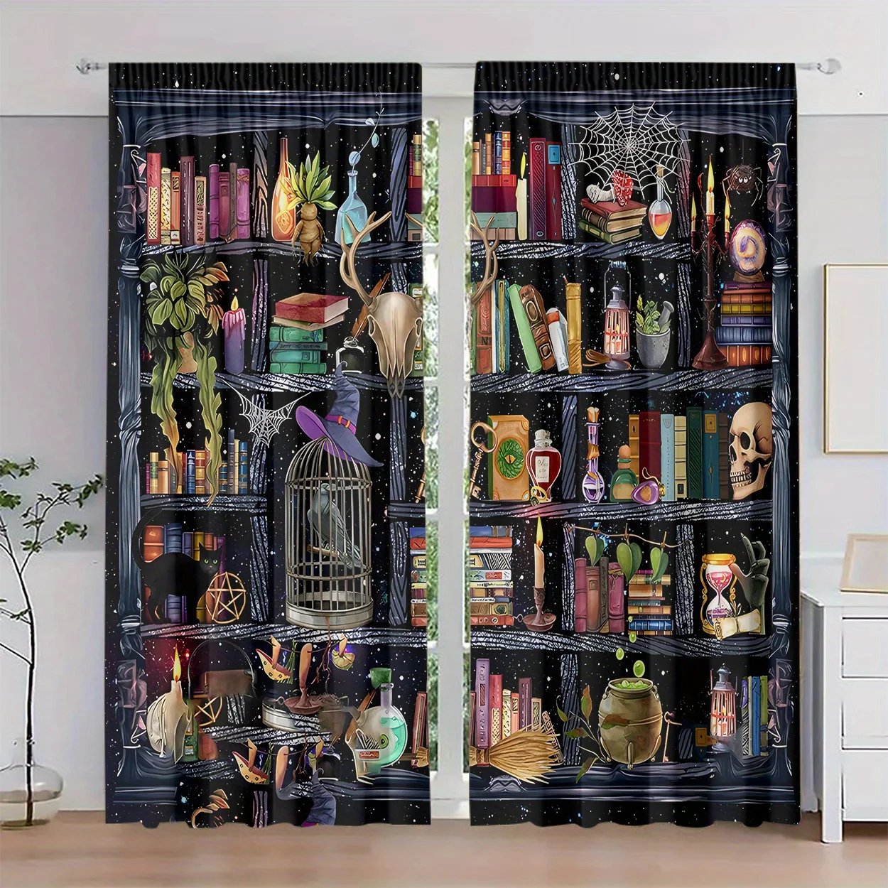 2PC Books & Birdcage Print Curtains - Digital Printed Light Filtering Polyester Drapes with Rod Pocket for Home Decor