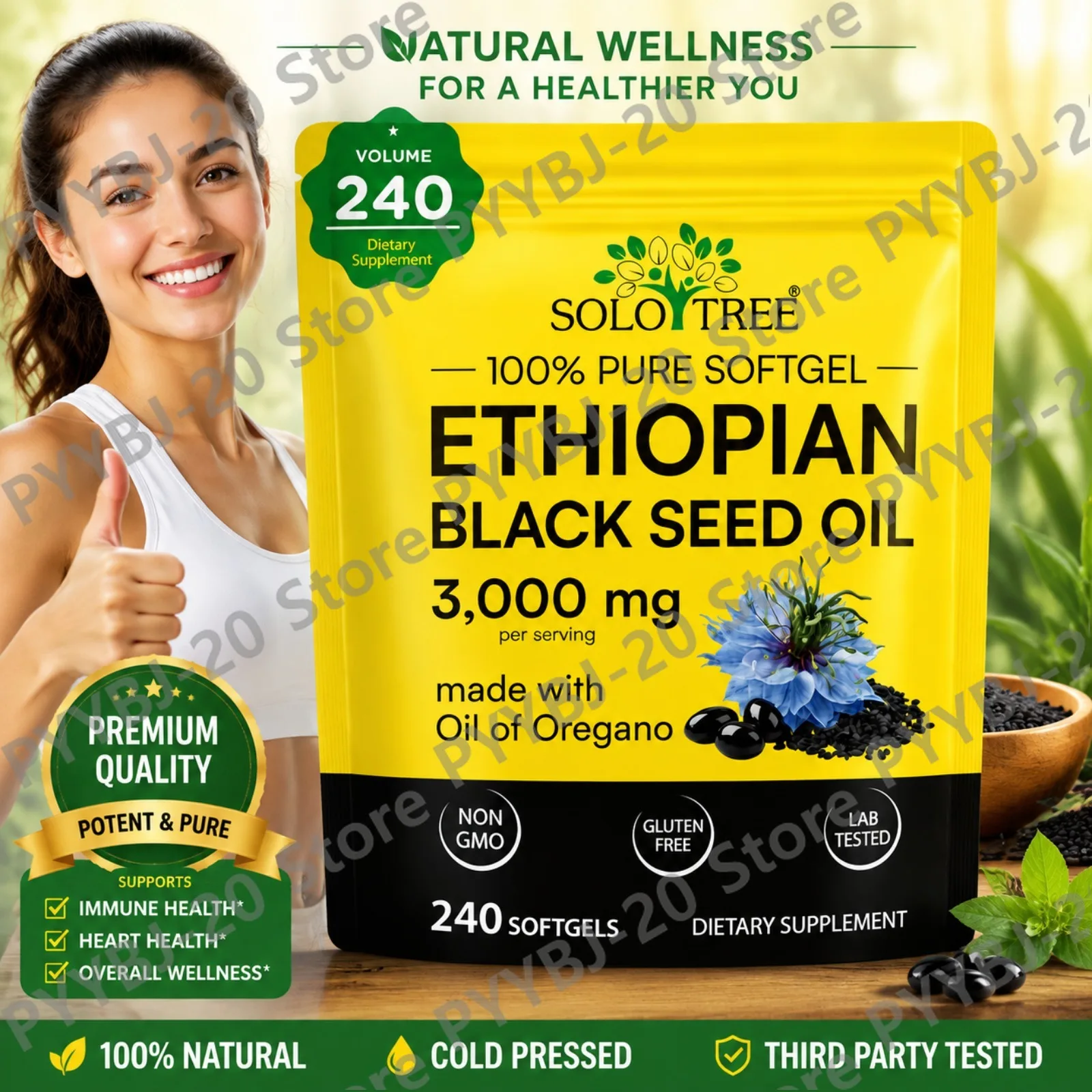 SOLOTREE Ethiopian Black Seed Oil 3000mg Softgels - with Oregano Oil Supports Skin Hair & Immune Wellness 240ct