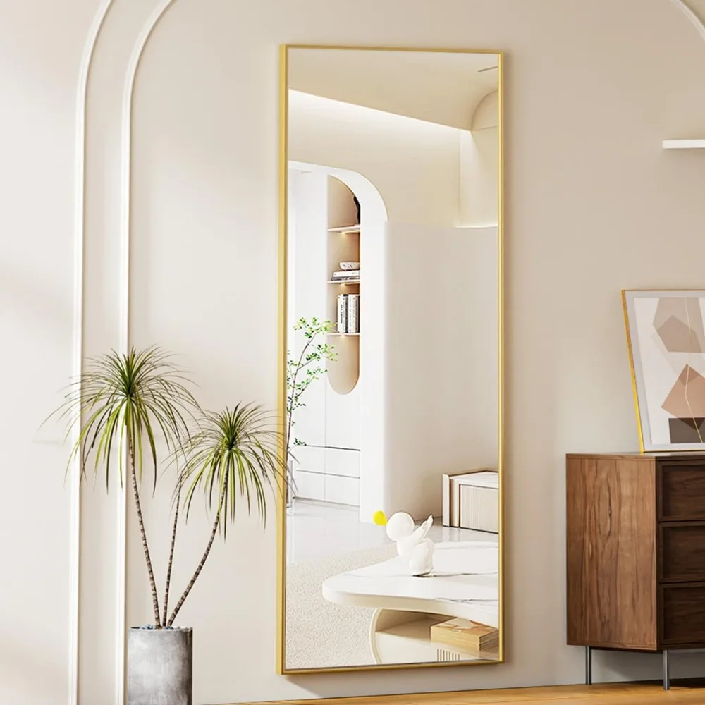 Miroir de sol pleine longueur avec support, miroir penché doré pour chambre à coucher, miroir horizontal sur pied ou suspendu