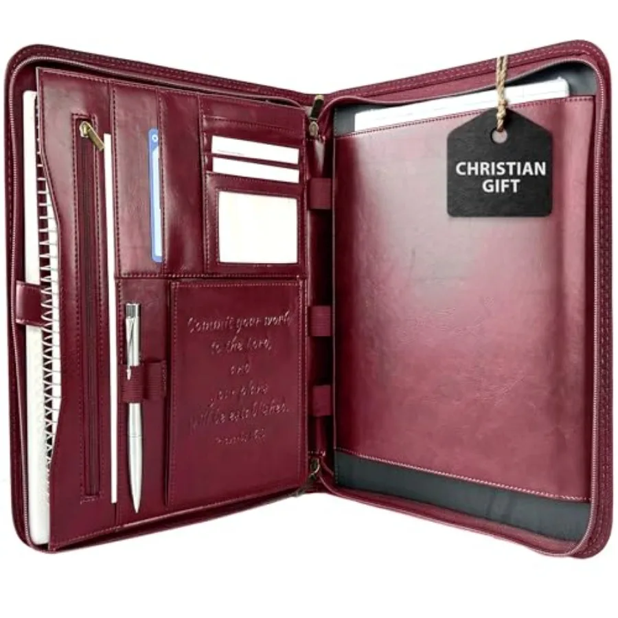 

Leather Portfolio for Men Padfolio Case for Men and Women Bible Notebook Organizer Pen Slots Zipper Binder Premium PU Leather F