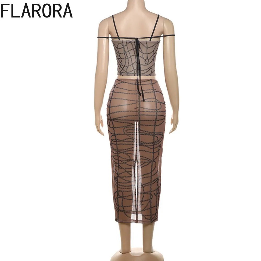 FLARORA Brown Sexy Mesh Perspective Skinky Skirts Two Piece Sets Woman Thin Strap Tops and Skirts Midnight Clubwear Party Suits