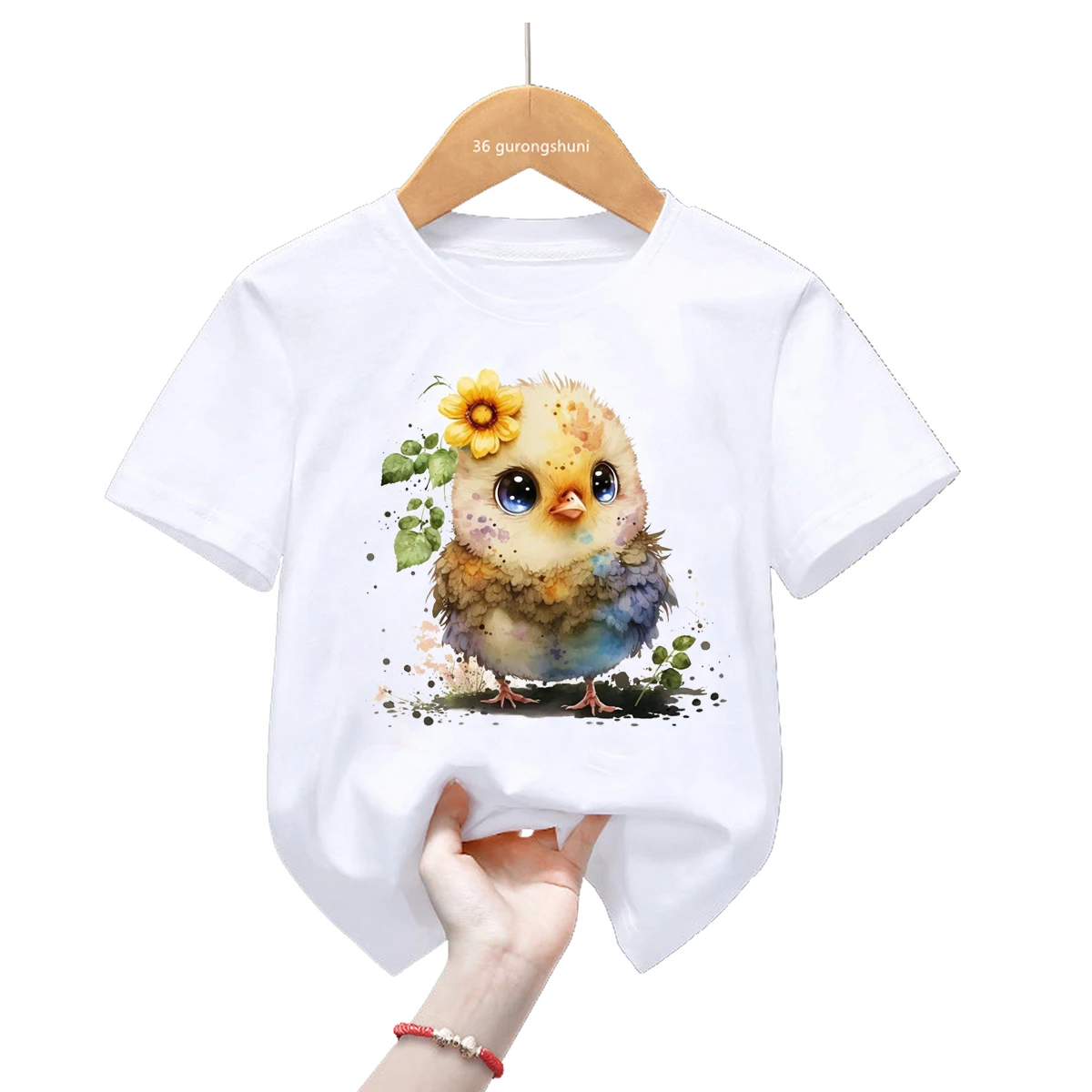 Funny Chick Flowers Print Tshirt For Girls/Boys Kawaii Kids Clothes White/Pink/Yellow T Shirt Harajuku Shirt Summer Tops Tee