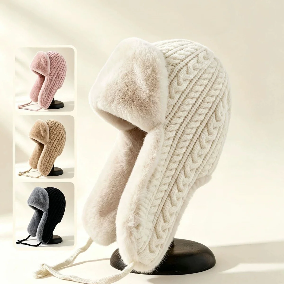 Women’s Winter Fashion Ear-Covering Wool Hats: Warm Knitted Hats for Cycling, Cold Protection, and Skiing; Aviator-Style Hats