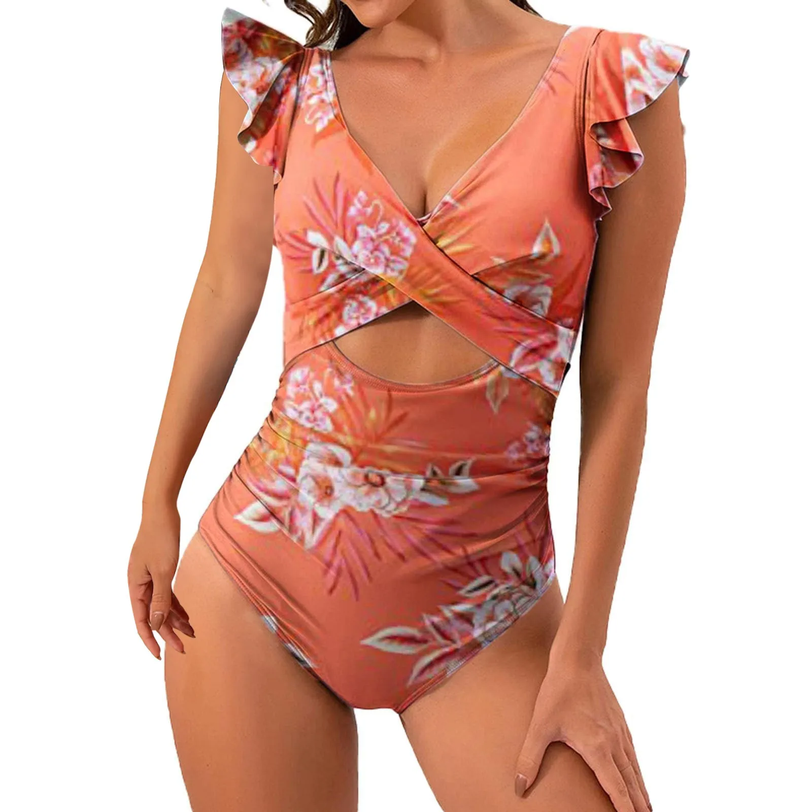 Contrast Mesh One Piece Swimsuit V Neck Print Backless Tummy Control High Cut Bathing Suit Women\'S Swimwear & Clothing