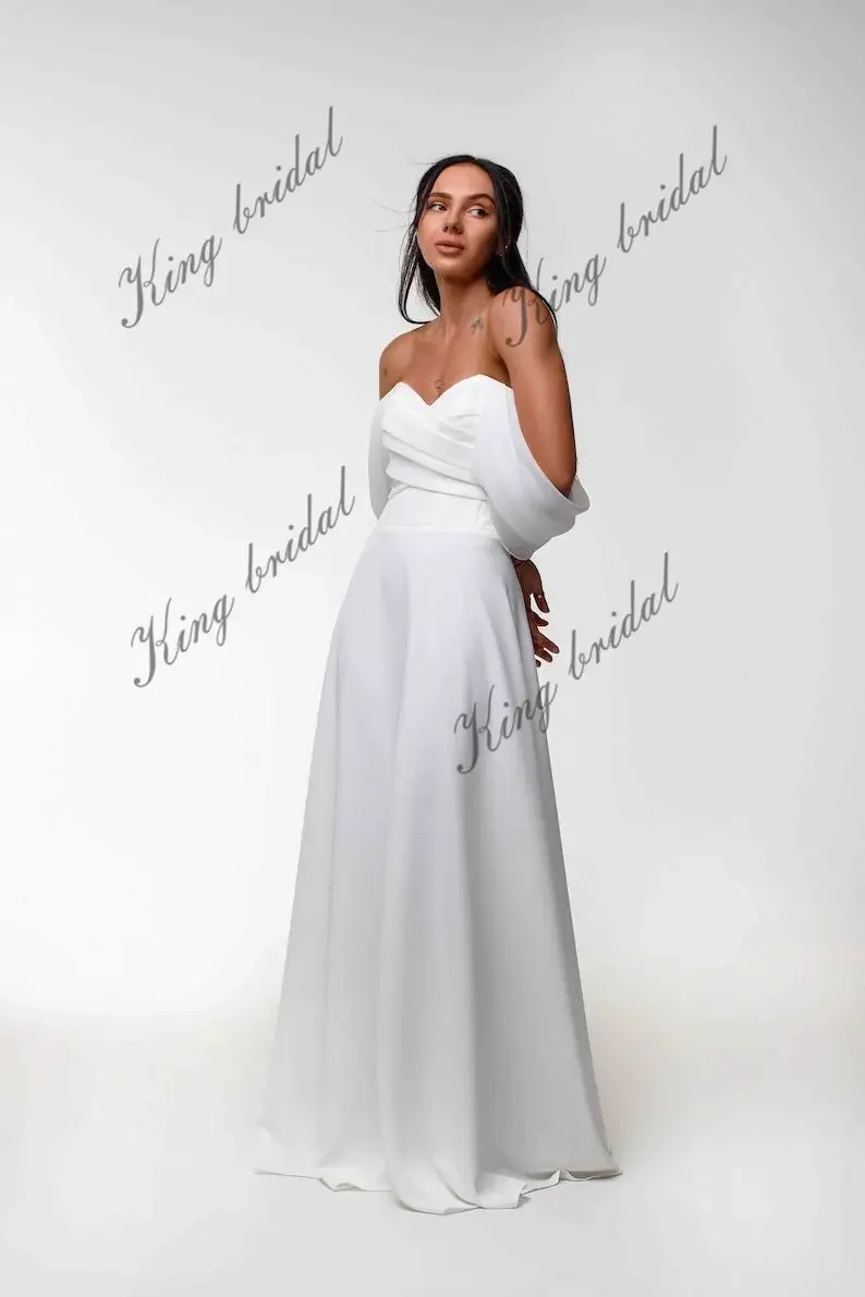 Saia de trem de organza vestido de casamento personalizado minimalista crepe a linha vestidos de casamento fora dos ombros vestido de casamento