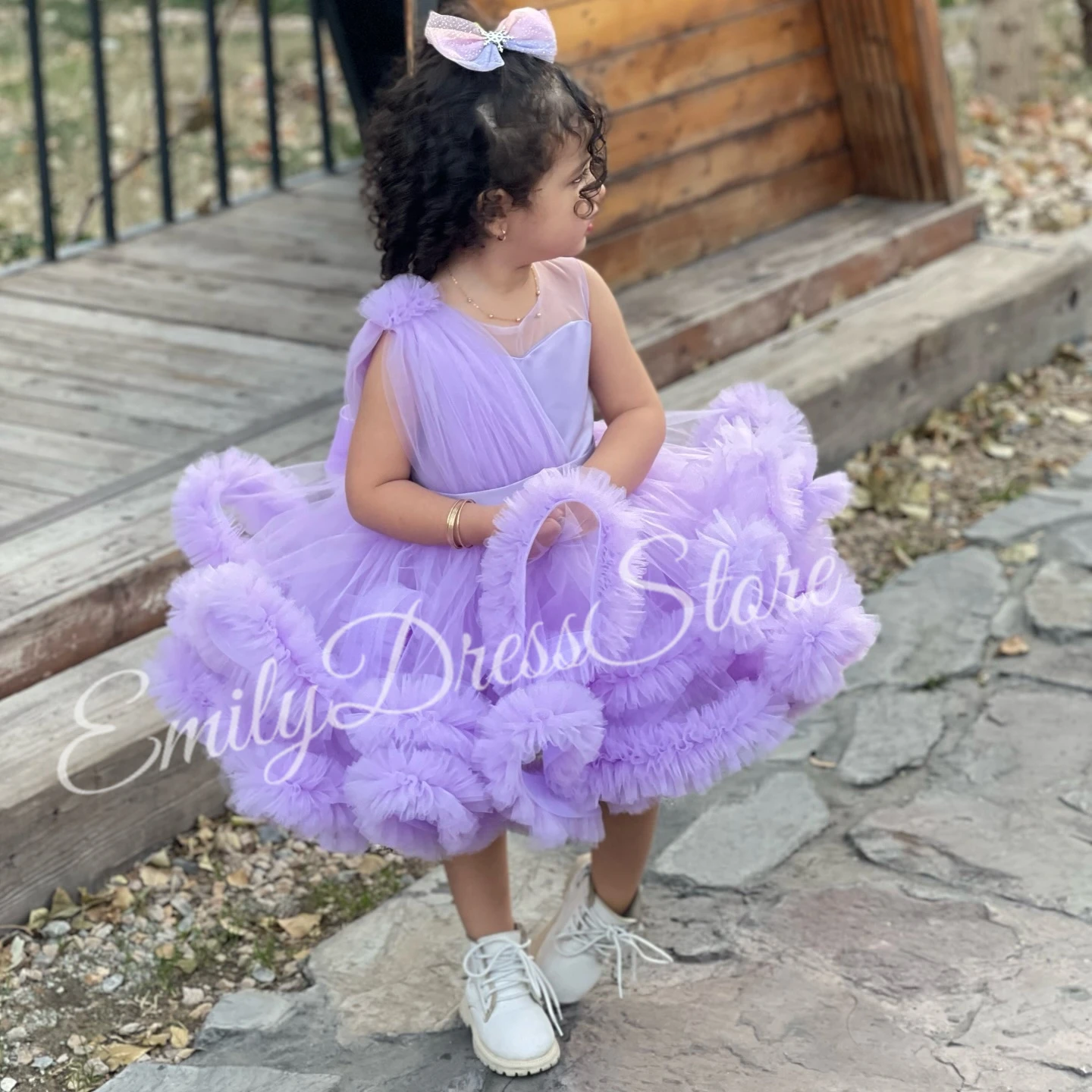 

Customized Purple Flower Girl Dress For Wedding Tulle Puffy Pleated Applique Sleeveless Baby Kids Birthday First Communion Gown