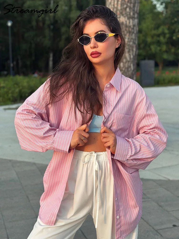 Luźne koszule w paski damskie brązowe z długim rękawem typu nietoperz do biura bluzki damskie oversize eleganckie niebieskie koszule