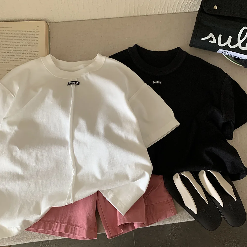 

Children's label design short sleeved T-shirt summer wear 2025 boys' round neck loose and versatile base shirt girls' top