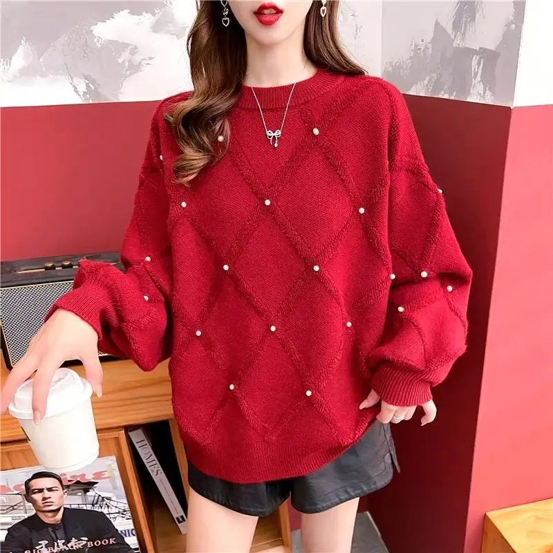 Women's Thick Base Sweater, Loose Fit Pullover, Explosive, Red, Korean Fashion, New, Autumn, Winter, 2024