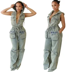 Vintage Denim Overalls Jumpsuit Rompers Women Belted Pocket Punk Y2k E-girl Casual Work Pants Hot Jeans Long Pants Streetwear