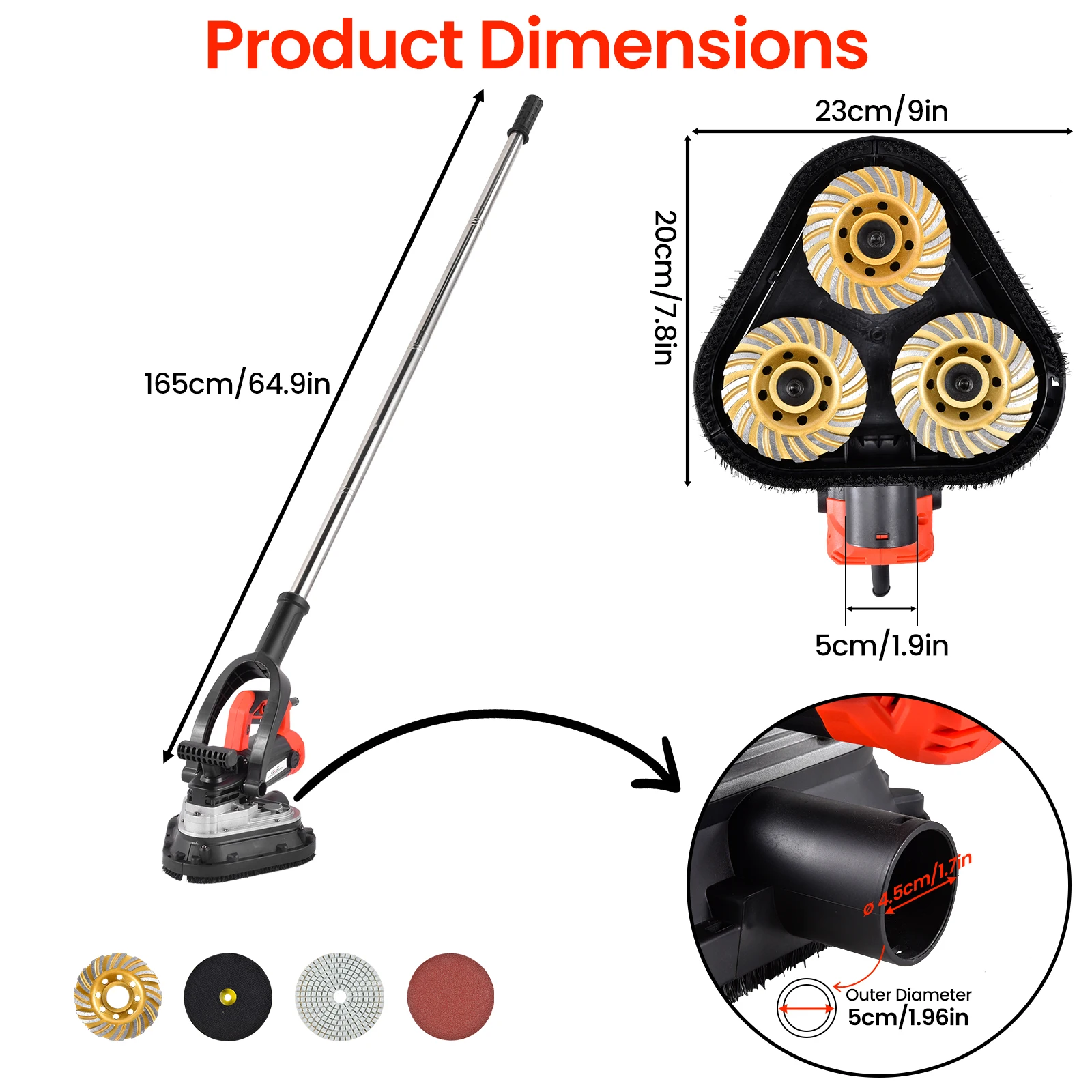 Portable 3 Head Concrete Grinder Polisher 2450W Three Disc Floor Sander with 6 Speed Variable Control and Extension Rod for Grinding Cement Marble Granite and Epoxy Floor Surfaces