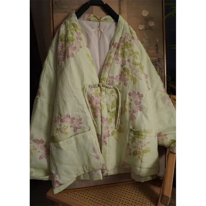 Vintage chinês hanfu acolchoado jaqueta de algodão feminino solto com decote em v abotoado casaco quente inverno tradicional impresso outerwear g165