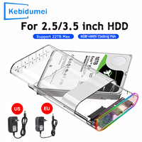 2.5/3.5 inch RGB HDD Enclosure Transparent USB 3.0 to SATA External Hard Drive SSD Case Support 22TB Max Adapter With Fan Cooler
