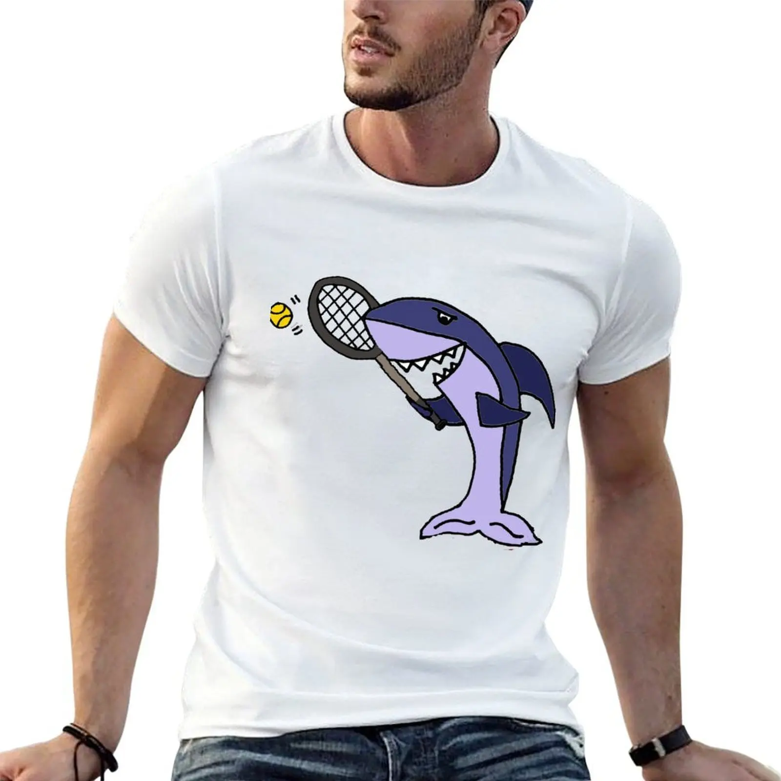 Funny Shark Playing Tennis Cartoon T-Shirt luxury t-shirt Clothing vintage t shirt men