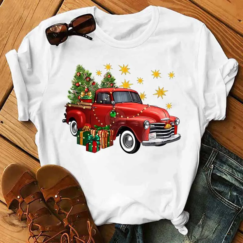 Camiseta de manga corta informal de verano para mujer, camiseta gráfica de estilo Harajuku con pintura de serie navideña