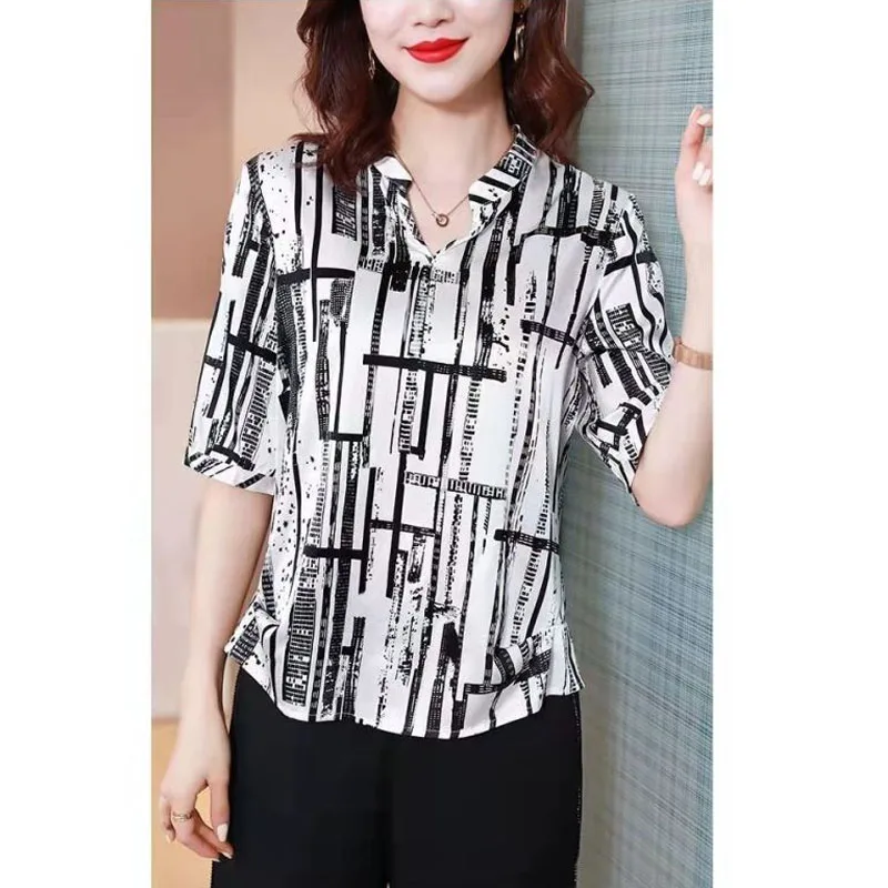 2024 Summer New Pullovers V-Neck Versatile Korean Version Loose Casual Fashion Short Sleeve Commuter Printed Chiffon Tops