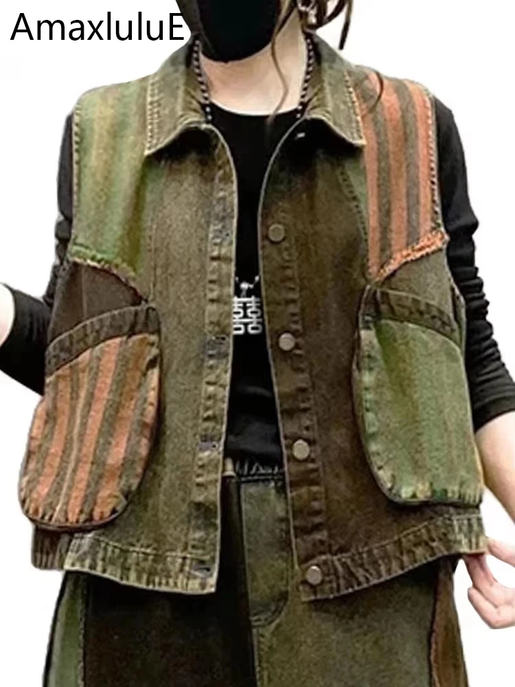 

AmaxluluE Summer Korean Sleeveless Clothes Women Fashion Loose Striped Denim Vest Ladies Casual Vintage Coats Classic Waistcoats