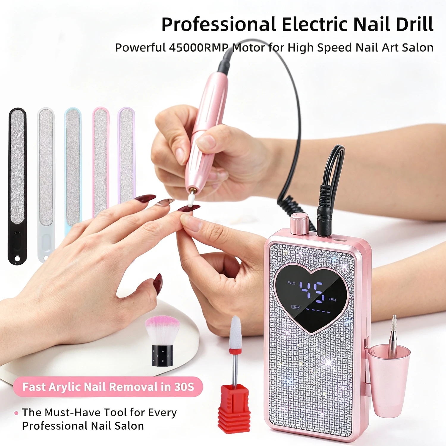 45000RPM Bling Rhinestone Rechargeable Electric Nail Drill, Heart LED Display Cordless Nail Polisher Manicure Kit, Includes Nail Drill Bits, Sanding Bands, Nail Brush, Nail Files, Type-C Cable, for Acrylic Gel Nail Removing Shaping Polishing