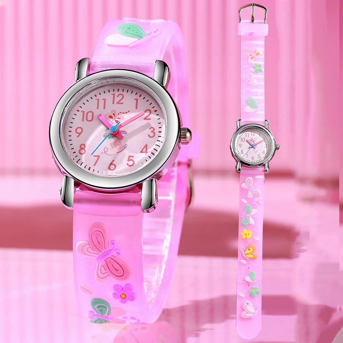 سوار ساعة سيليكون عصري ولطيف على شكل فراشة مع ساعة كوارتز للأطفال بقرص دائري، مناسب للتصفيف اليومي، مثالي #4