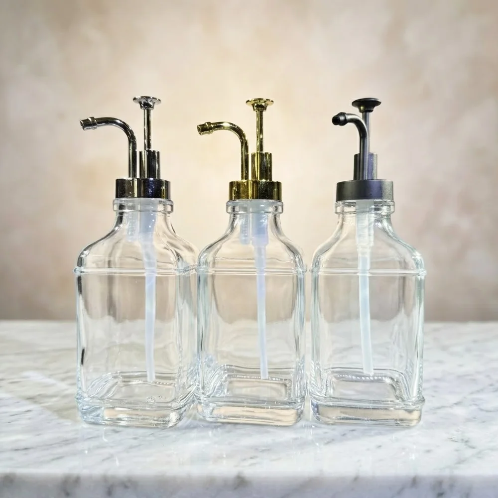 

500ml Glass Soap Dispenser, Clear Square Refillable Bottle for Bathroom, Shampoo Body Wash Lotion Pump Jar, Bathroom Accessories