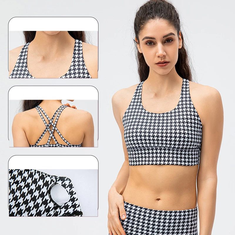 Sport Bra Top Fitness Women Black Houndstooth Brassiere Sports Wear Cross Double Straps Bras Gym Workout Tank Tops Plus Size XXL