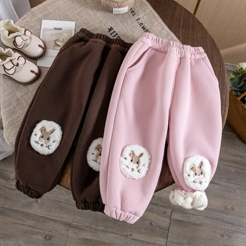 

LYY-Winter Clothes Children Baby Girl Cute Cartoon Patch Fleece Thick Sweat Pants Girl Warm and Loose Ankle-Tied Casual Pants