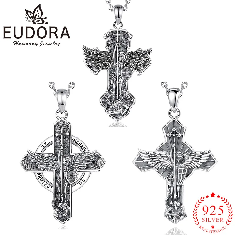 

Eudora 925 Sterling Silver Saint Michael Archangel Necklace Cross Amulet Religious Pendant Men Vintage Jewelry Personality Gifts