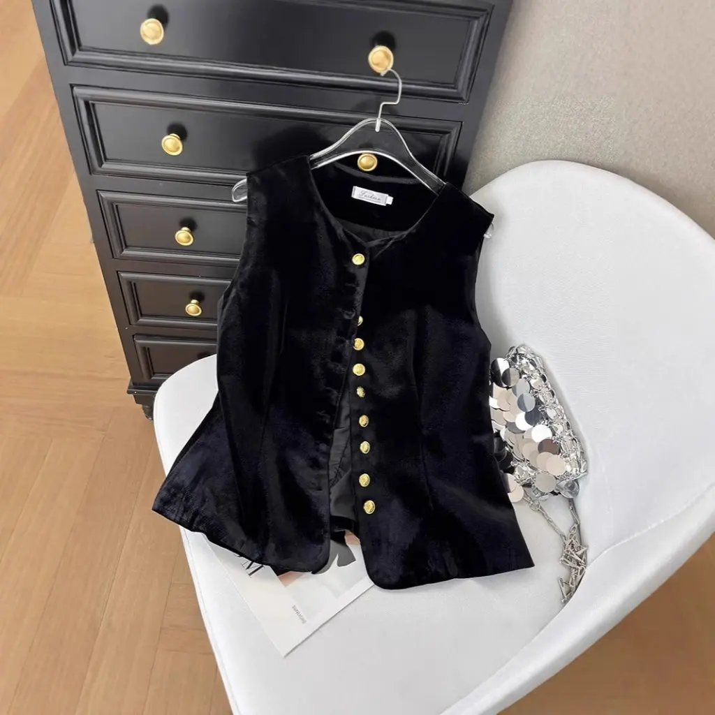 

Spring Women's Black Velvet Vest Sleeveless Fashion Outerwear Small Style Short Suit Top for Women