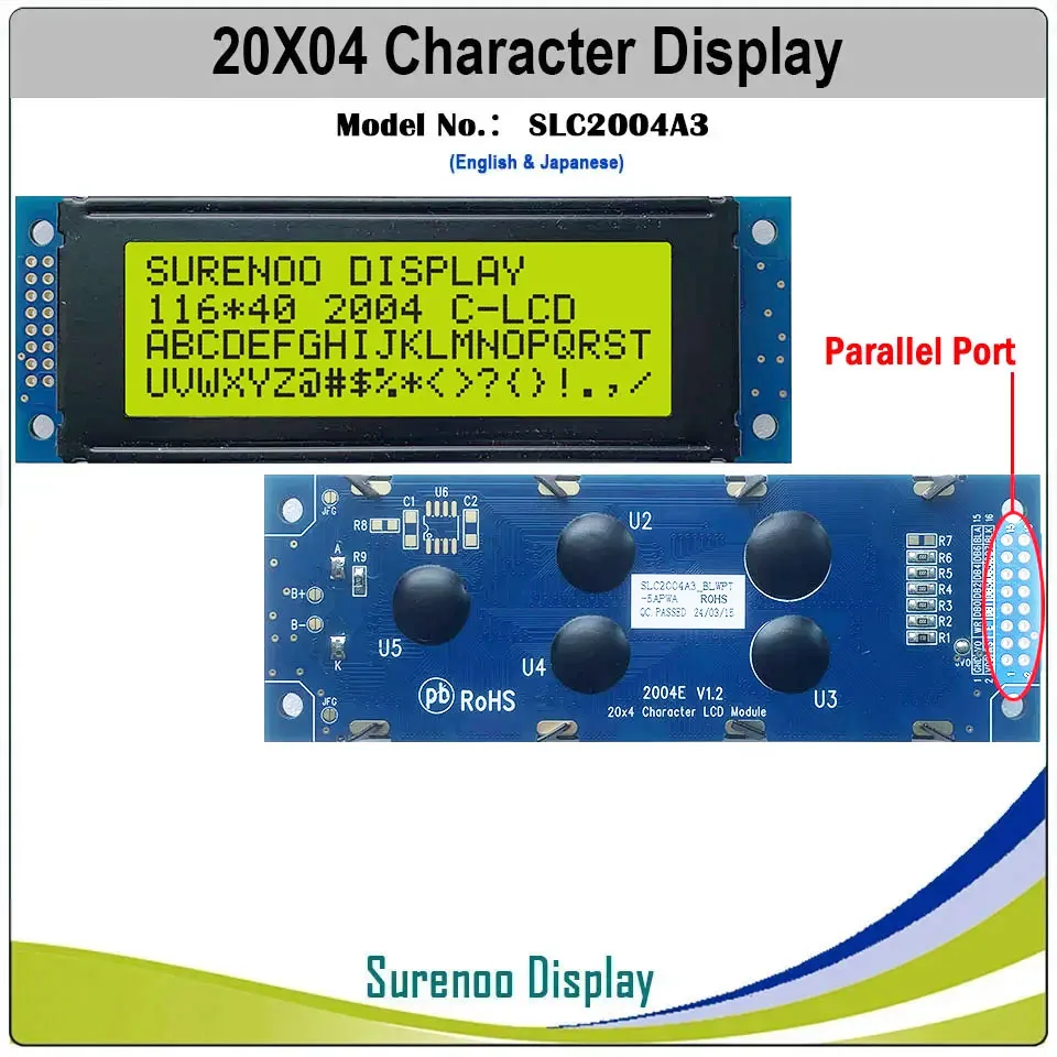 Surenoo 116*40mm 2*8pin 204 20x4 2004 6800 iic i2c personagem módulo lcd tela de exibição lcm branco led backlight inglês japonês