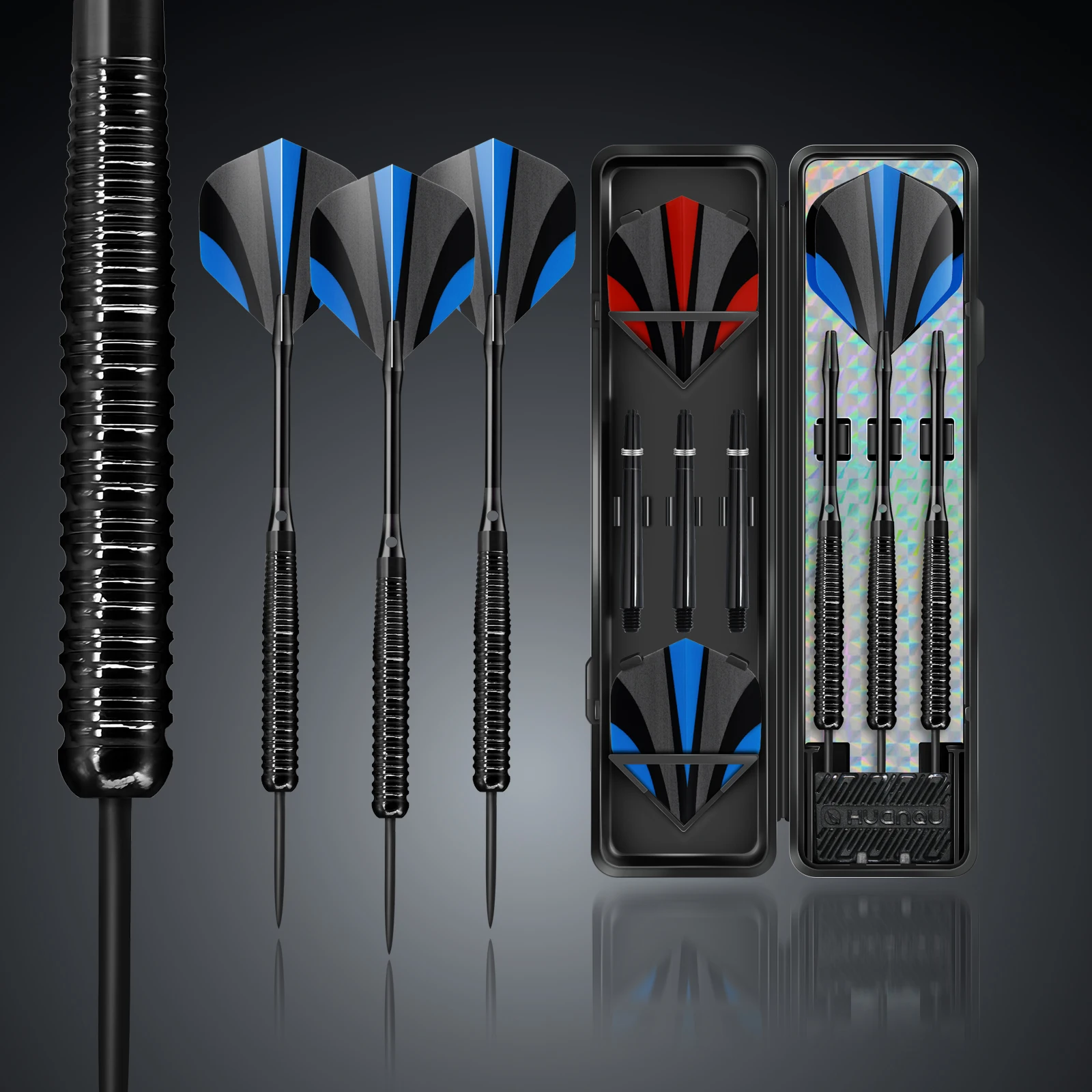 

Huanqu 19.5g Iron Dart Set with Non-Slip Textured Shafts for a Firm Grip, Includes Extra Dart Shafts, Dart Flights, and Sharpening Stone, Comes with a Storage Box, Suitable for Competition and Training
