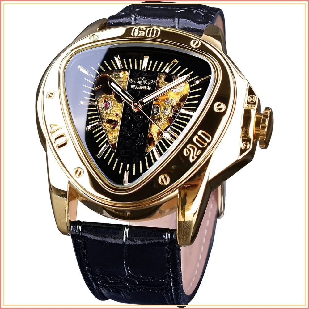 

Mechanical Wrist Watch Triangle Racing Dial, Waterproof Golden Skeleton Dial Automatic Movement Leather Design Watch for Men